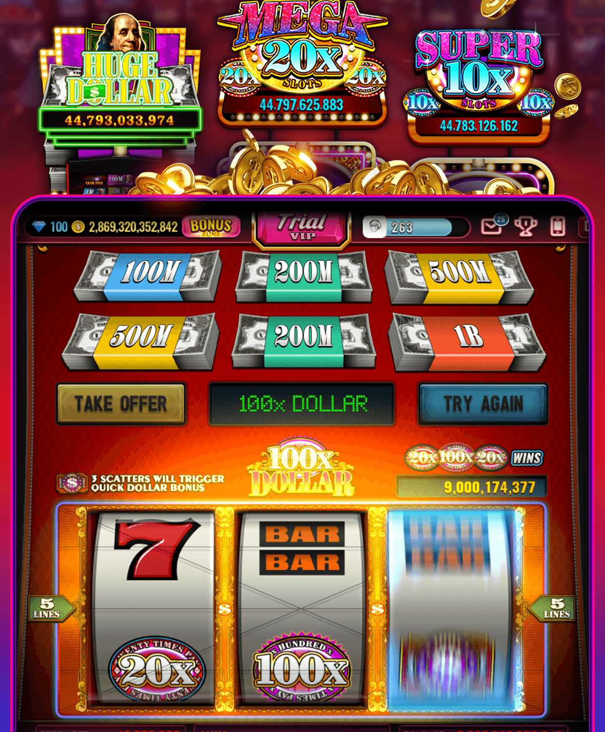 A classic three-reel machine in Vegas Live Slots with Mega 20x and Super 10x multiplier markers above the reels