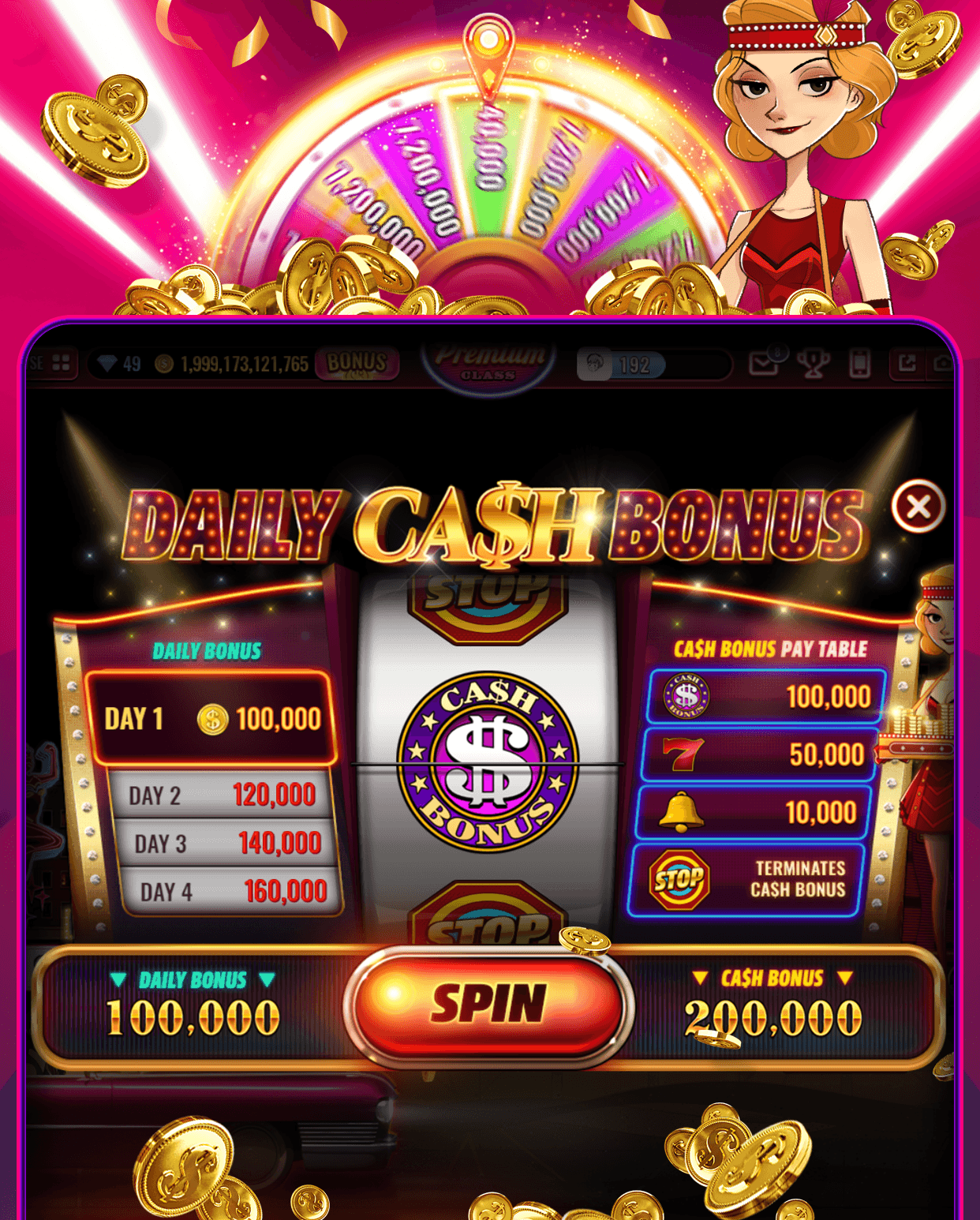 The Daily Cash Bonus in Vegas Live Slots showing a four-day ladder rising from 100,000 to 160,000 coins