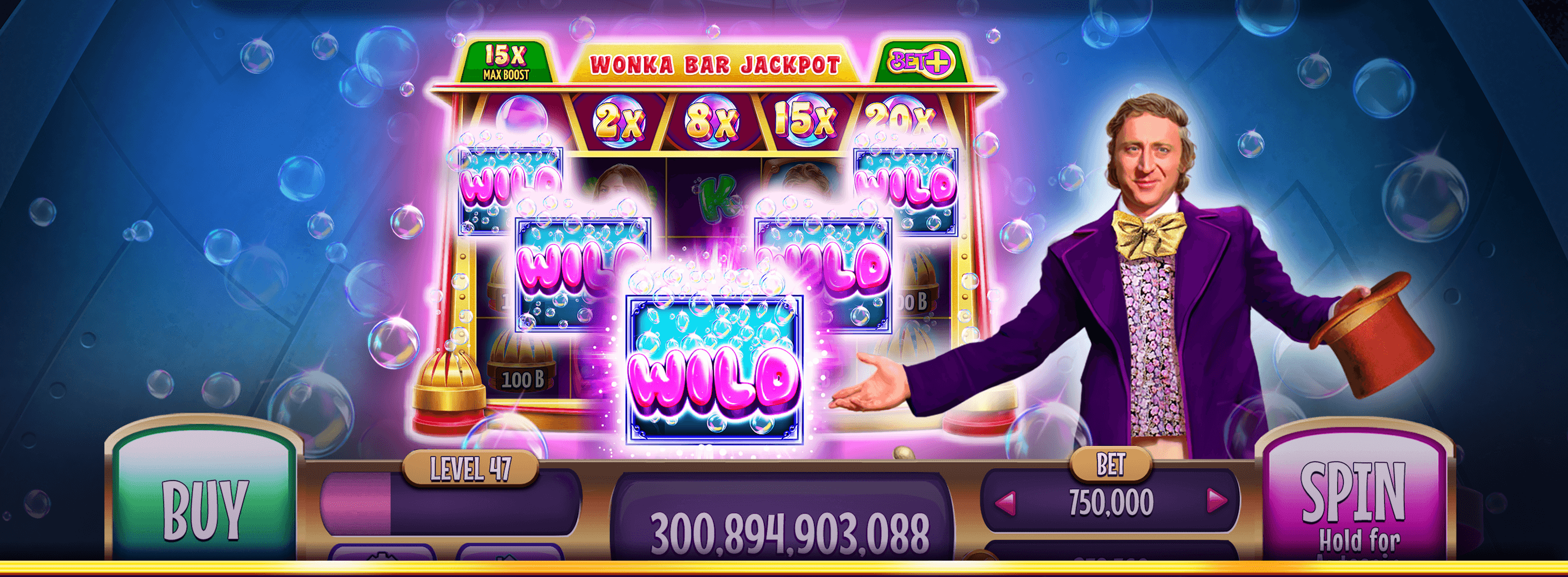 A Willy Wonka Slots machine with wild symbols across the reels and the credit balance and SPIN button along the bottom