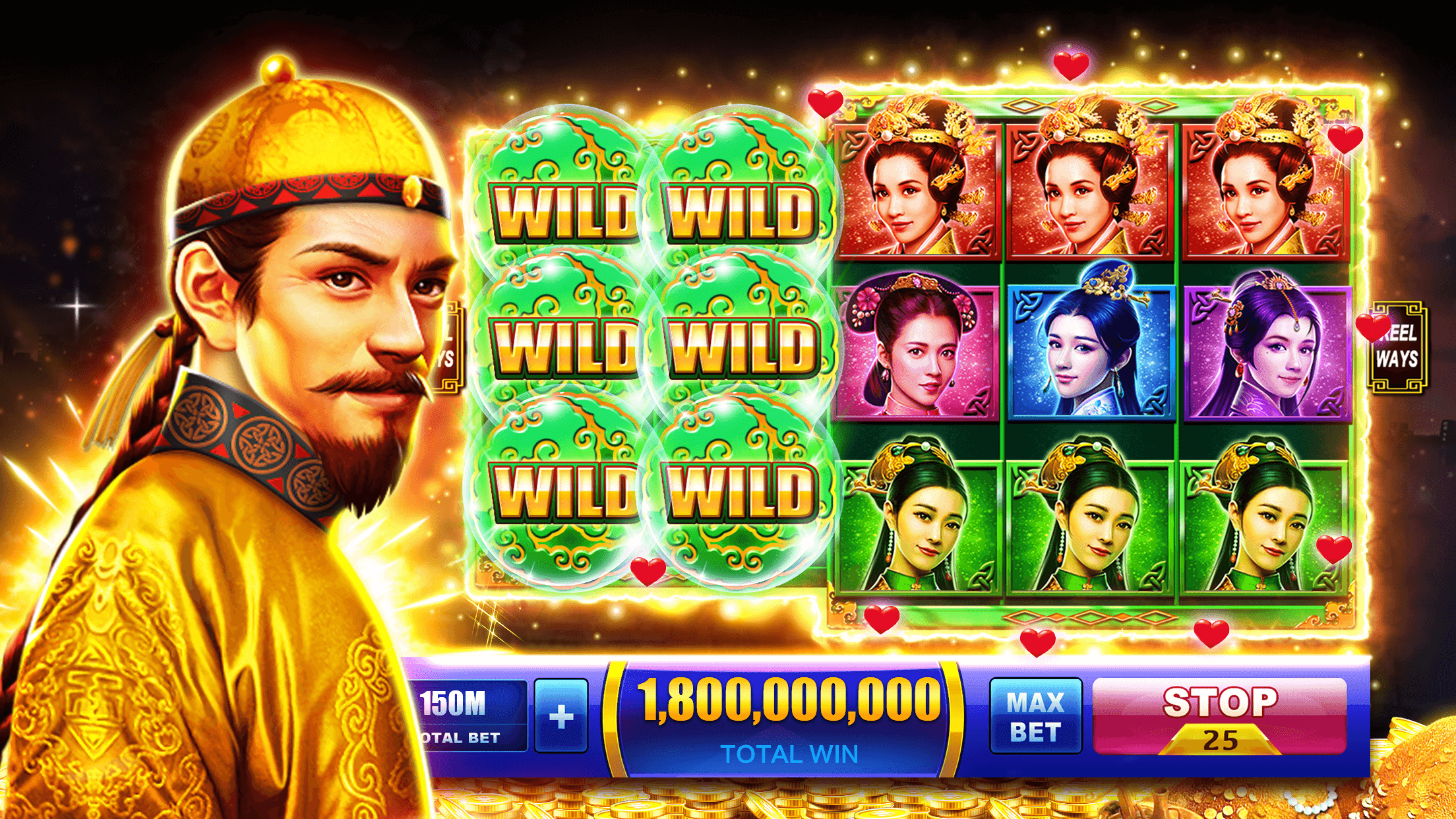 A Winning Slots machine with wild symbols stacked across the reels and a total win of 1,800,000,000 below them