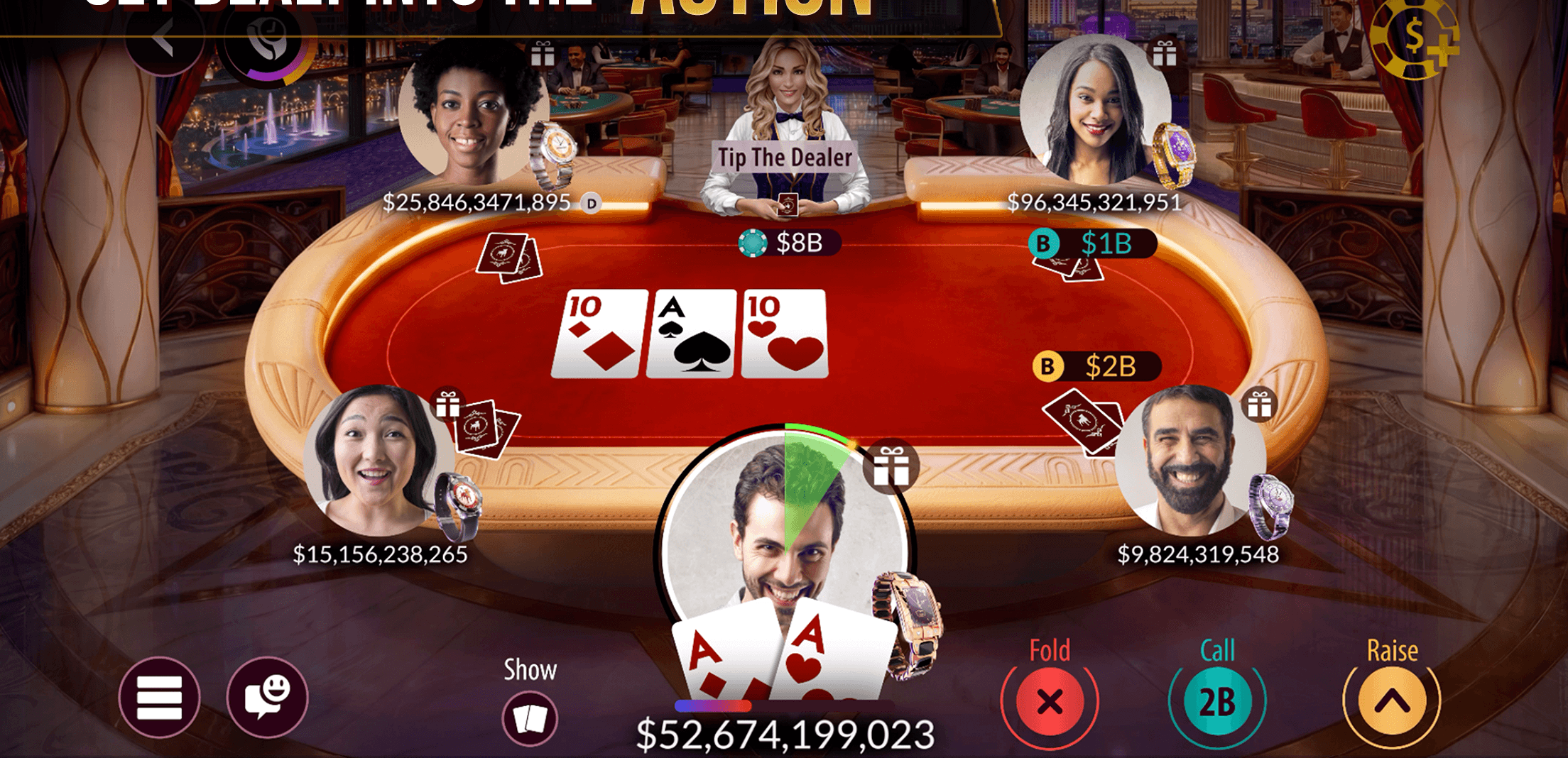 A Zynga Poker table with community cards dealt and Fold, Call and Raise buttons along the bottom